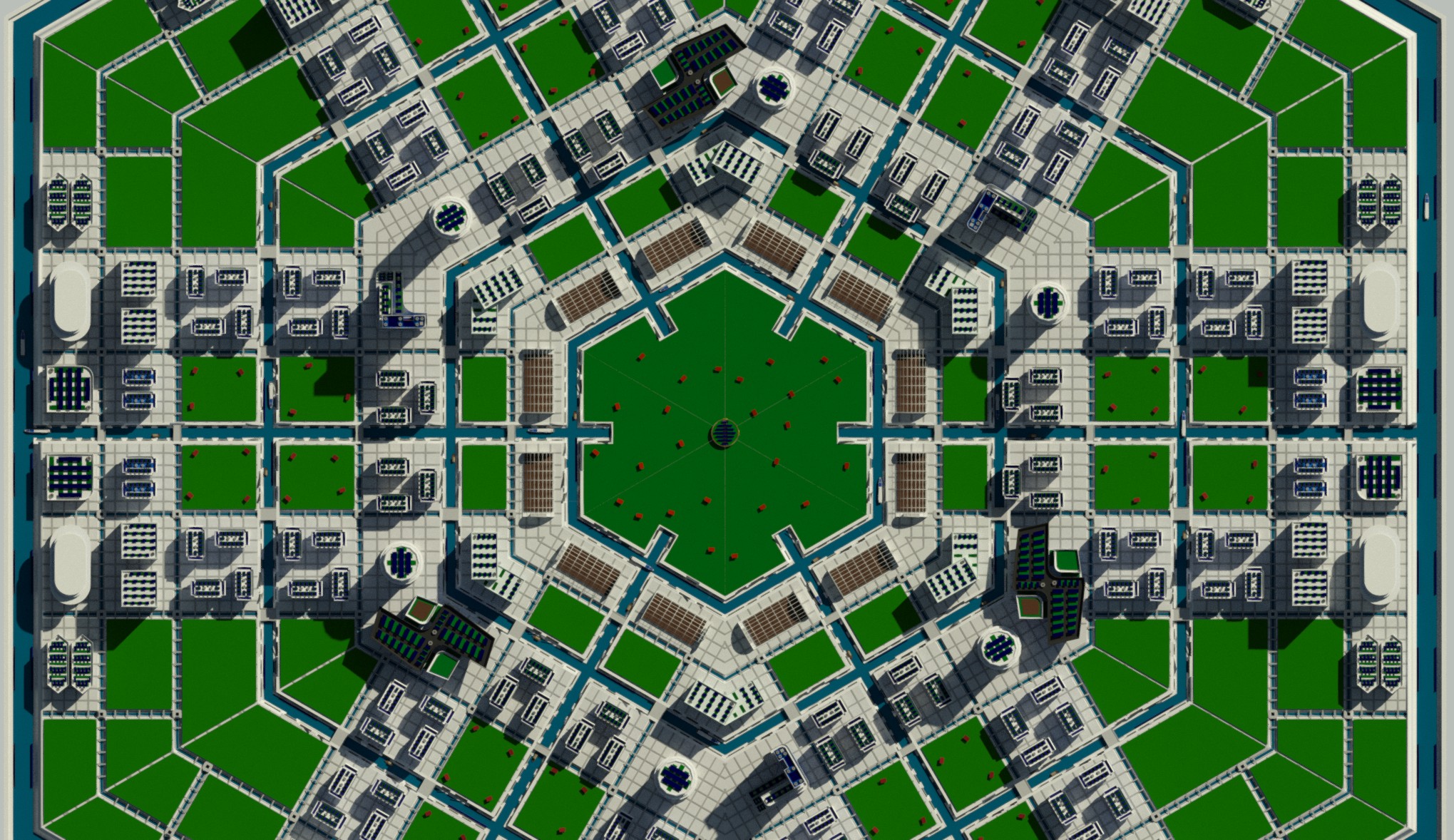 render of a hexagonal city with plenty of green space and a canal system forming hexagonal rings and city blocks